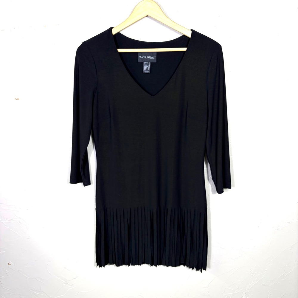Frank Lyman Fringe Hem Tunic Top Women Size 8 Black Cooper Sheen Western 63081